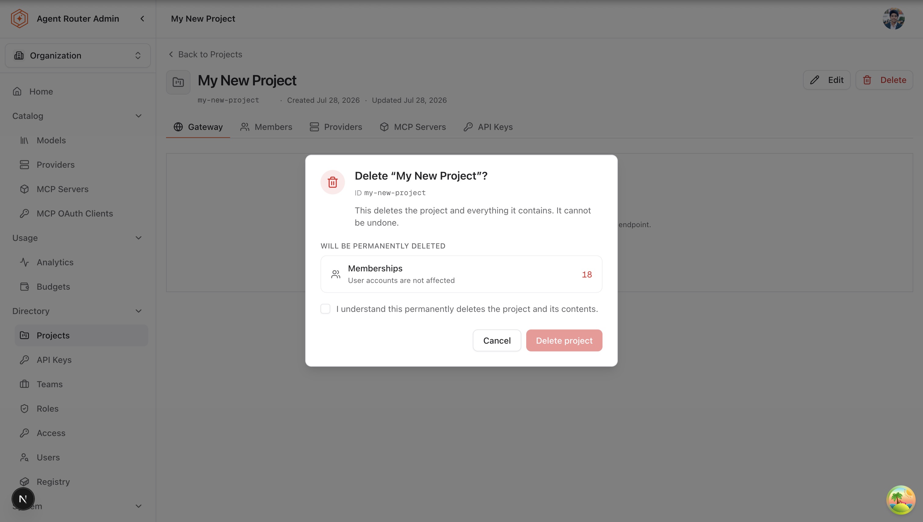Delete project confirmation dialog