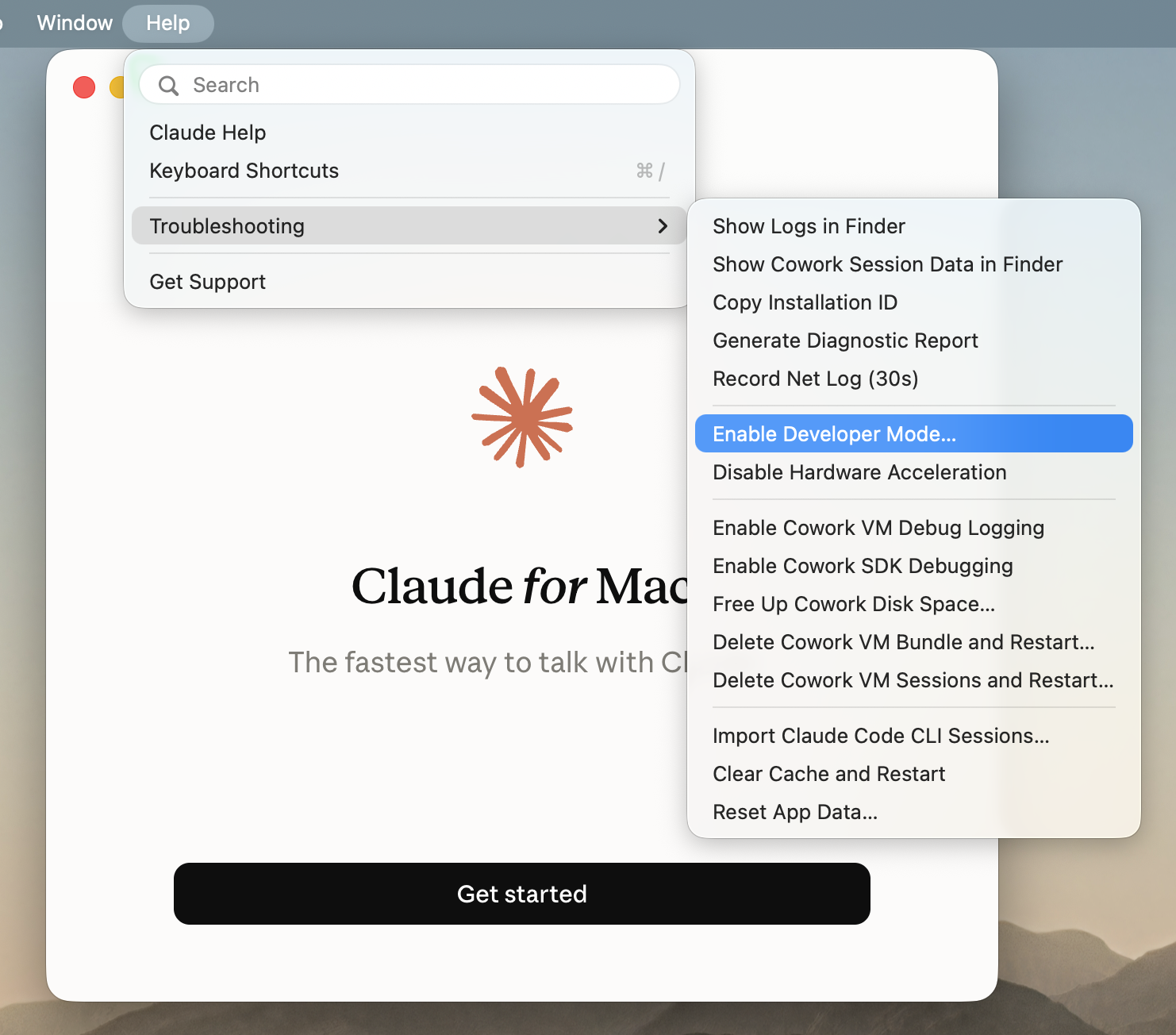The Help, Troubleshooting, Enable Developer Mode menu path in Claude Desktop