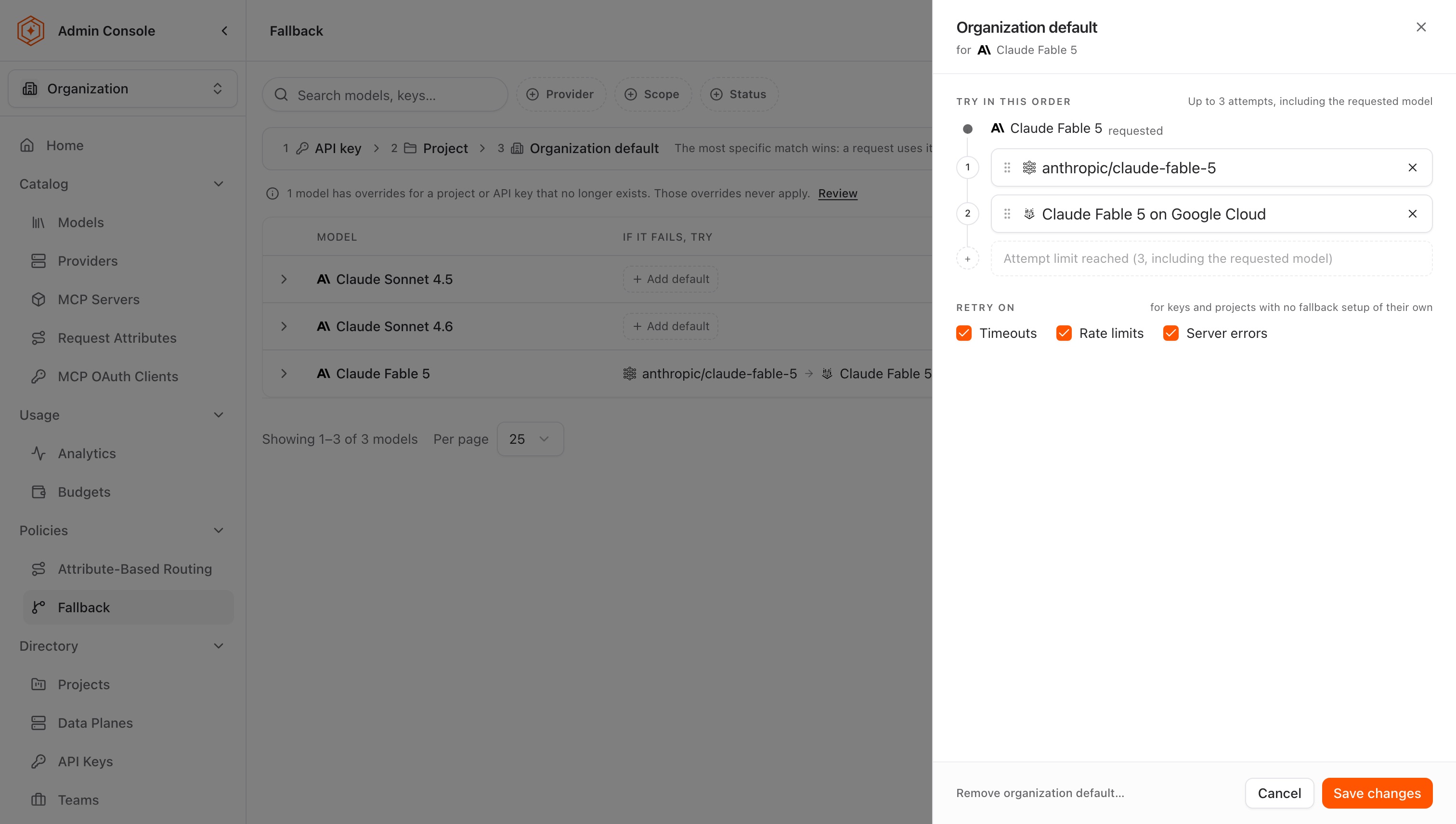 The fallback editor for an organization default, with two entries under Try in this order and the Retry on choices