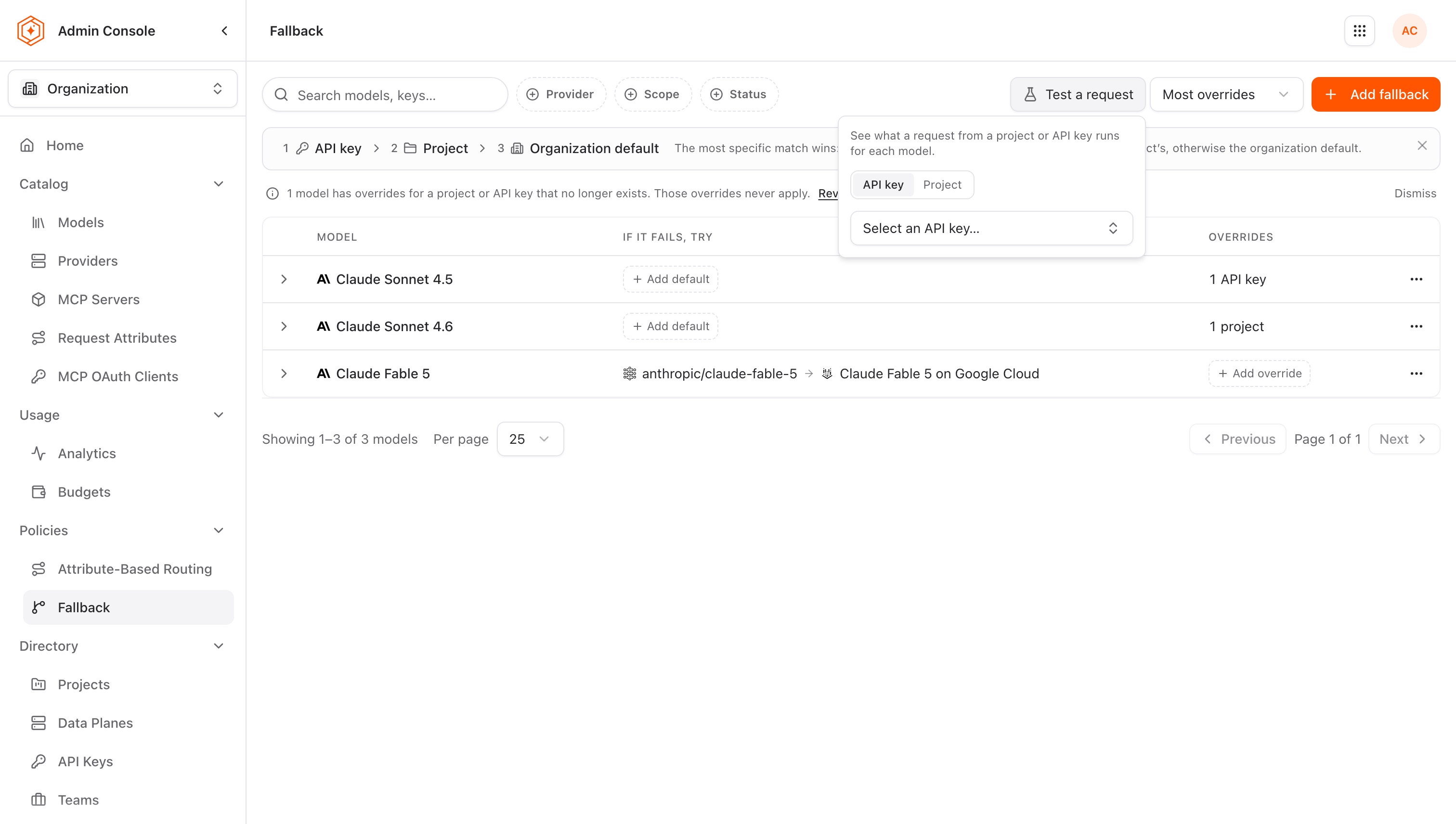 Test a request, choosing between an API key and a project to test from