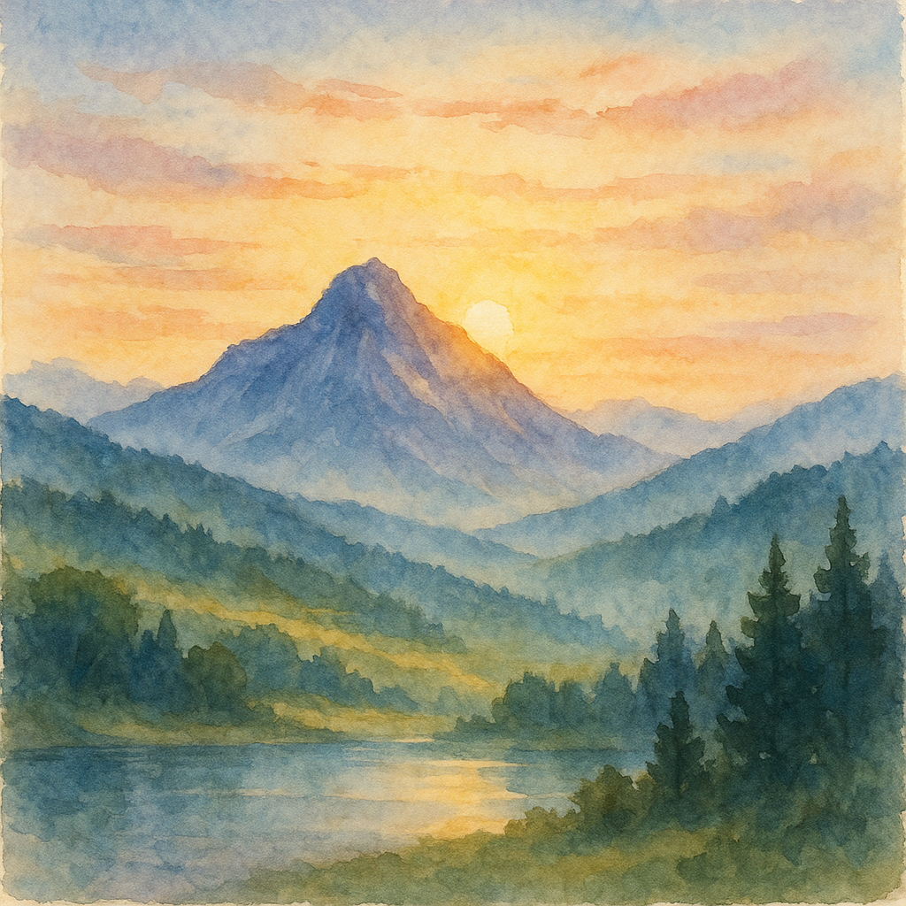 Example generated image, watercolor mountain landscape at sunrise
