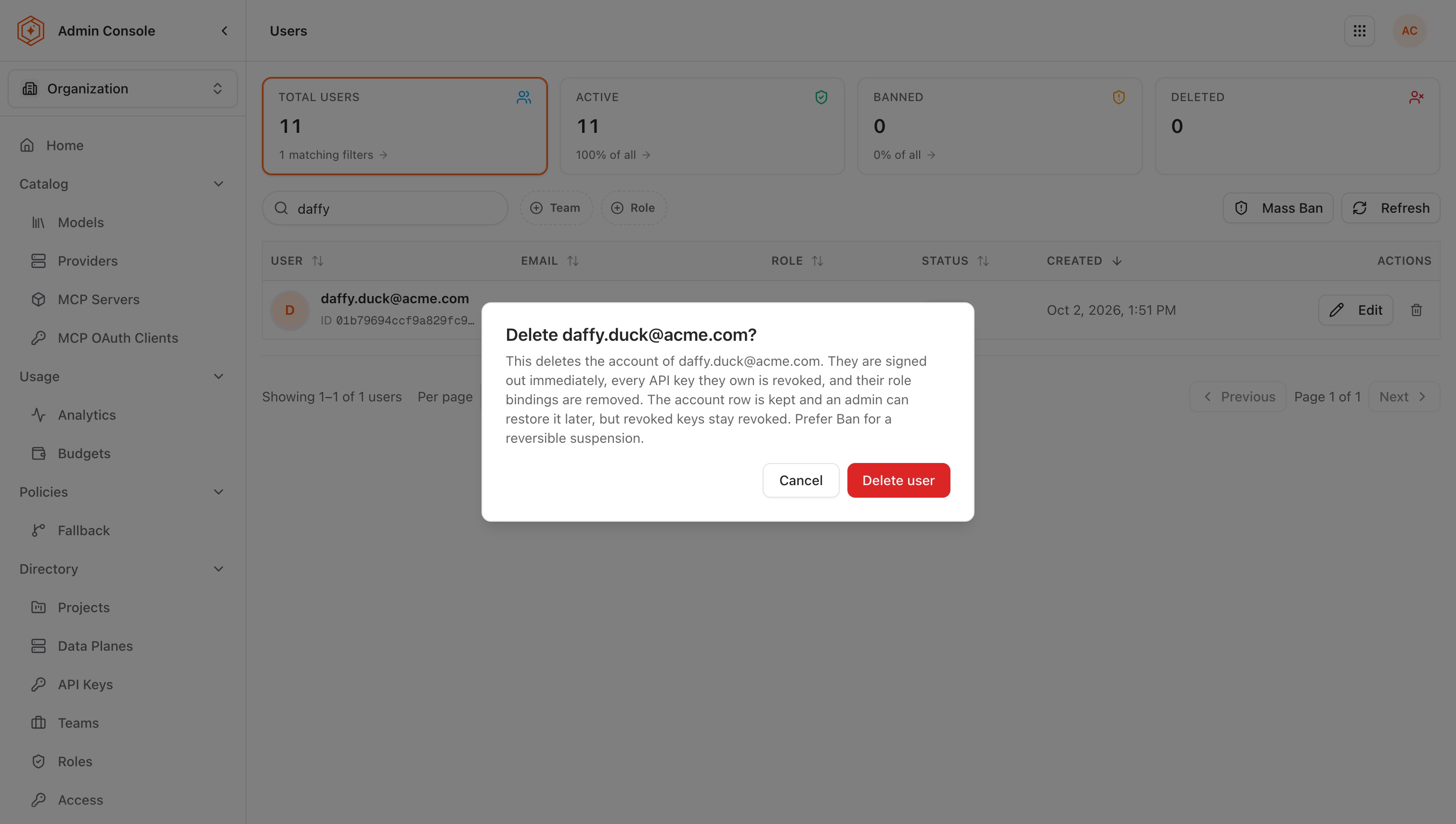 Delete user confirmation