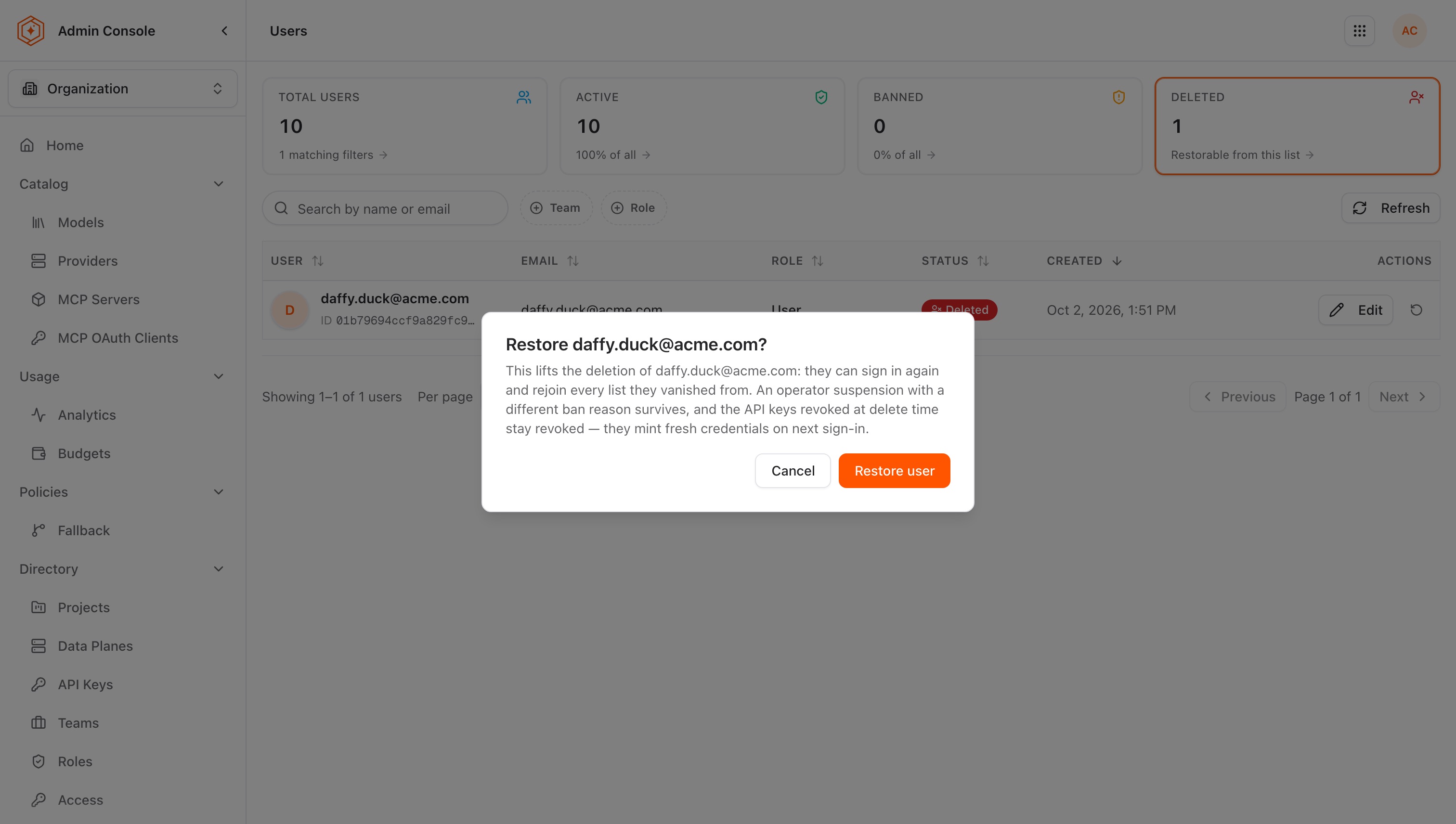 Restore user confirmation