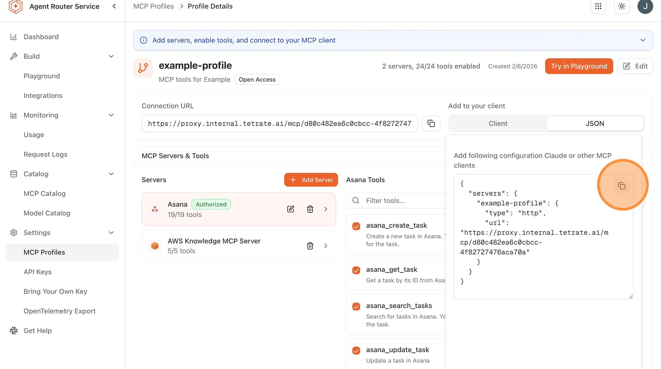Get the JSON configuration for an MCP profile