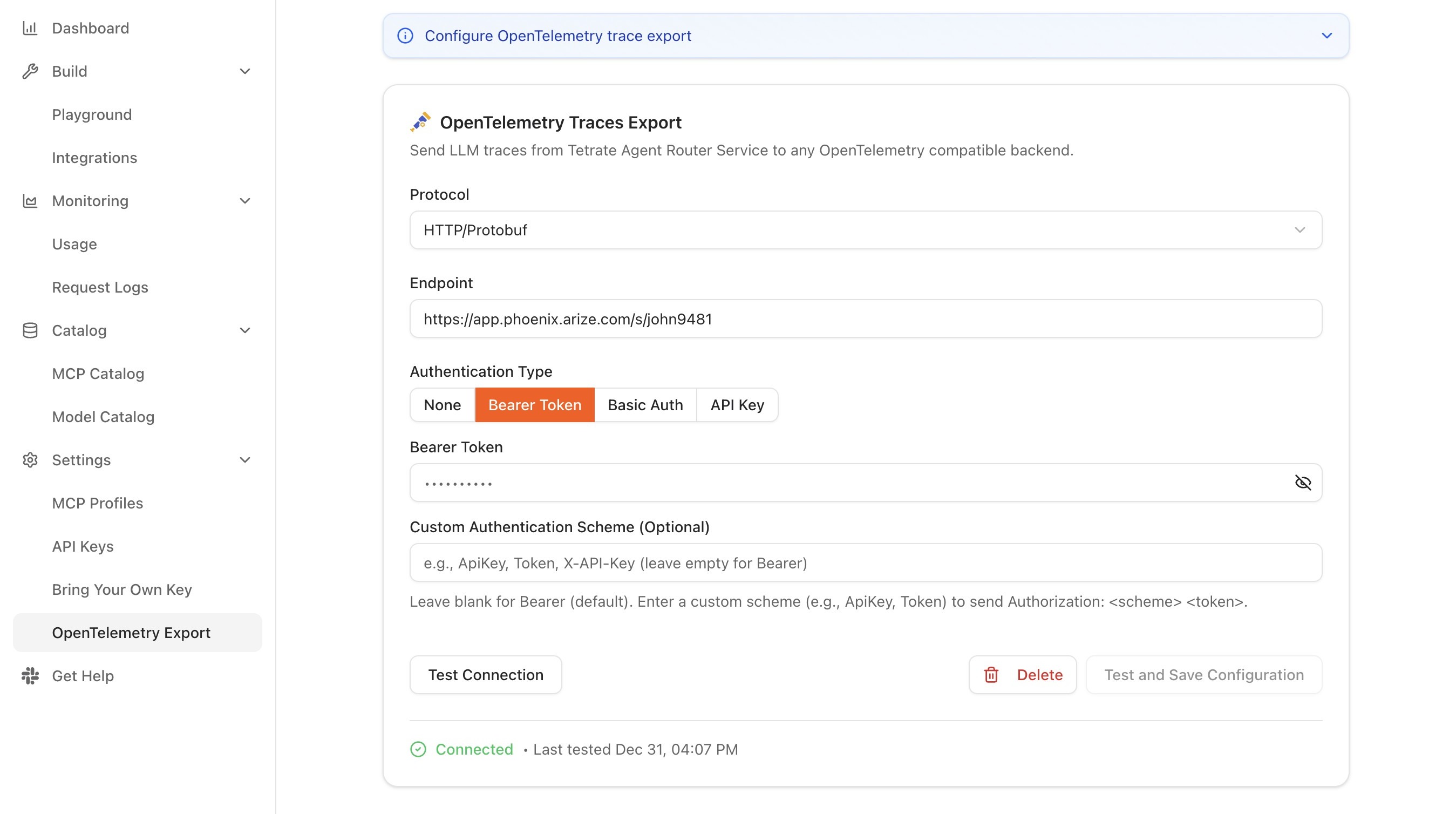 OpenTelemetry Export active