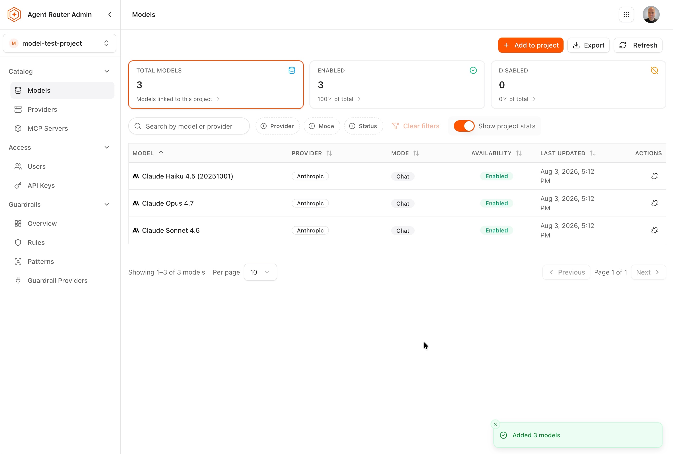 Project Models page listing three granted Claude models as enabled