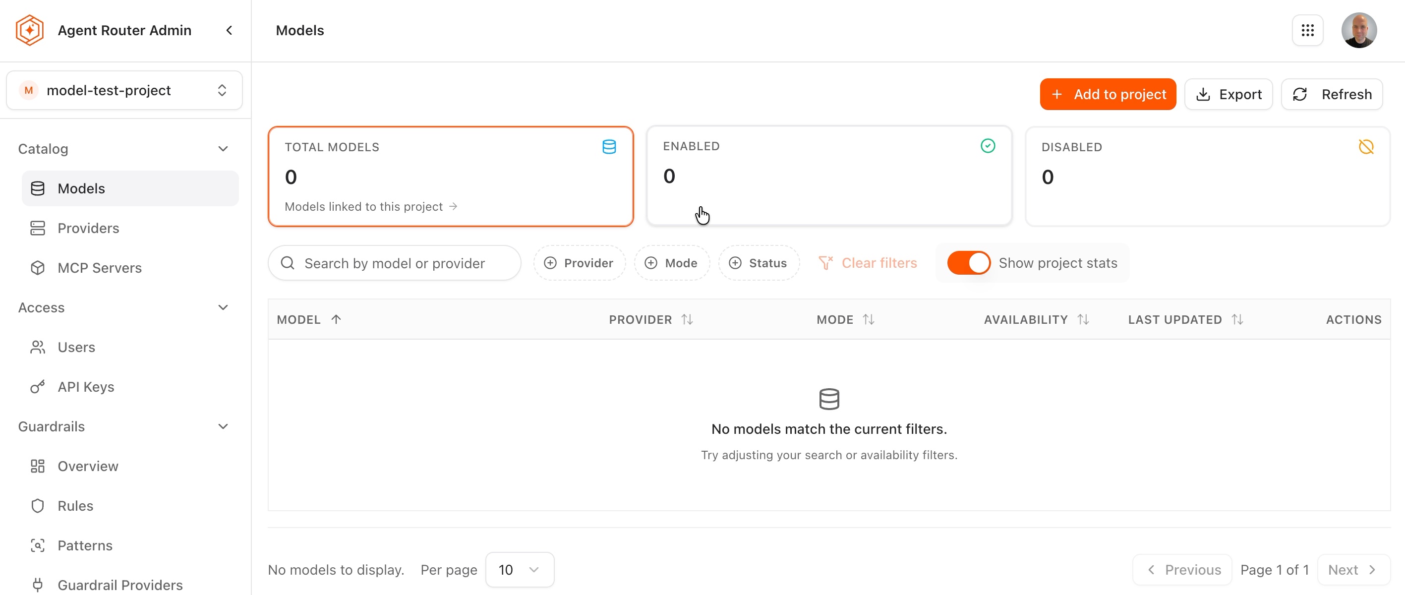 Project Models page with no models granted