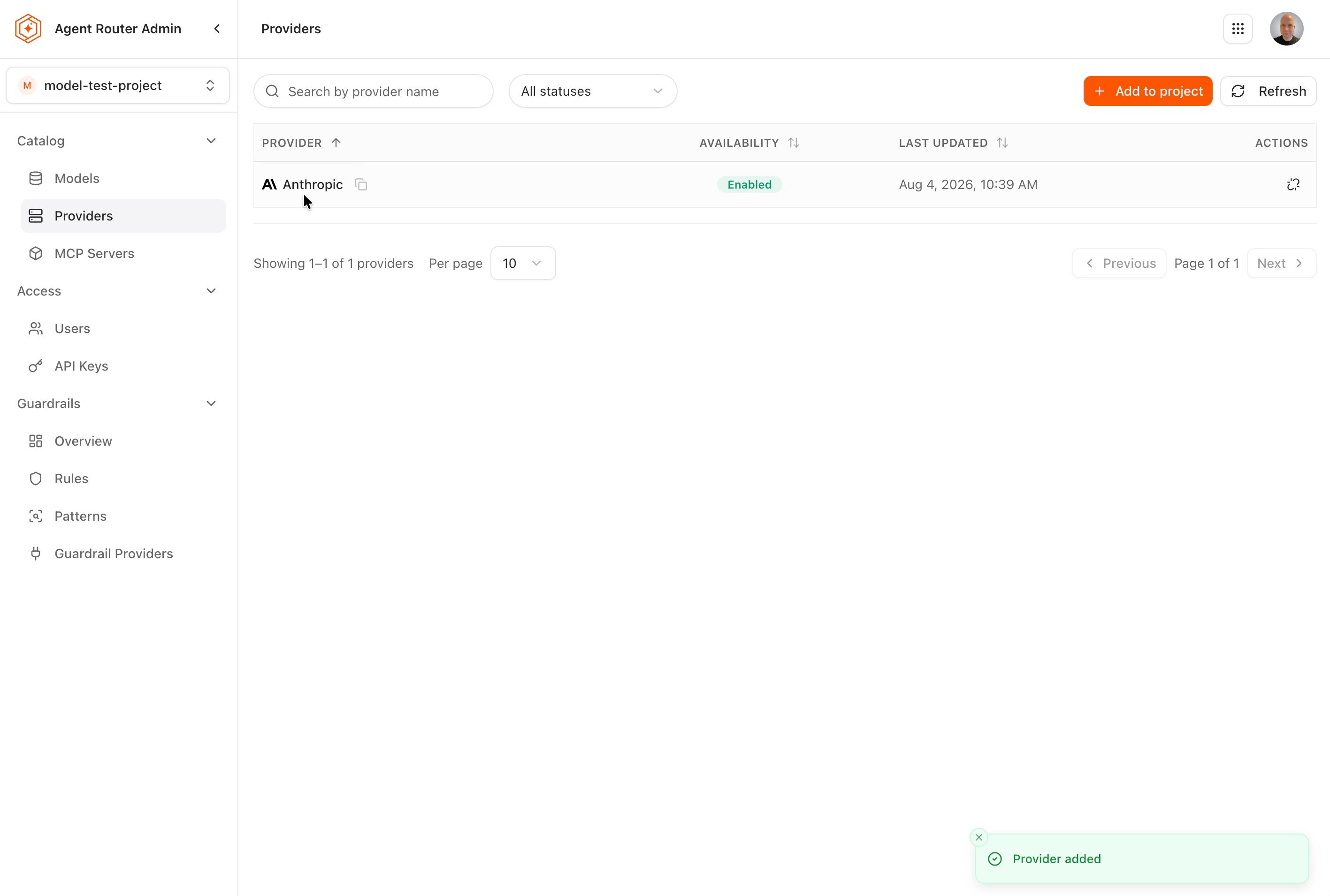 Project Providers page listing Anthropic as enabled, with a confirmation