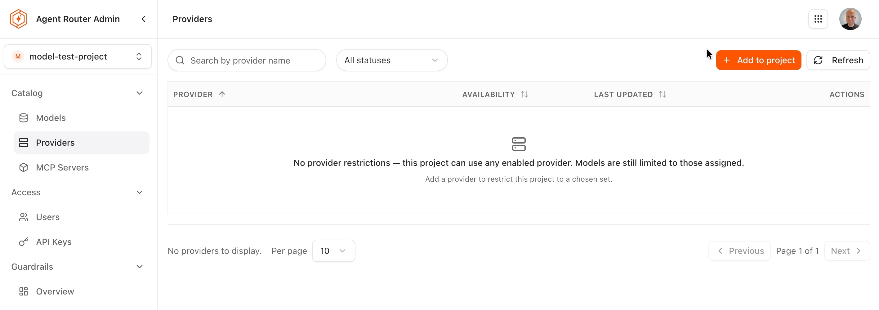 Project Providers page with no providers listed