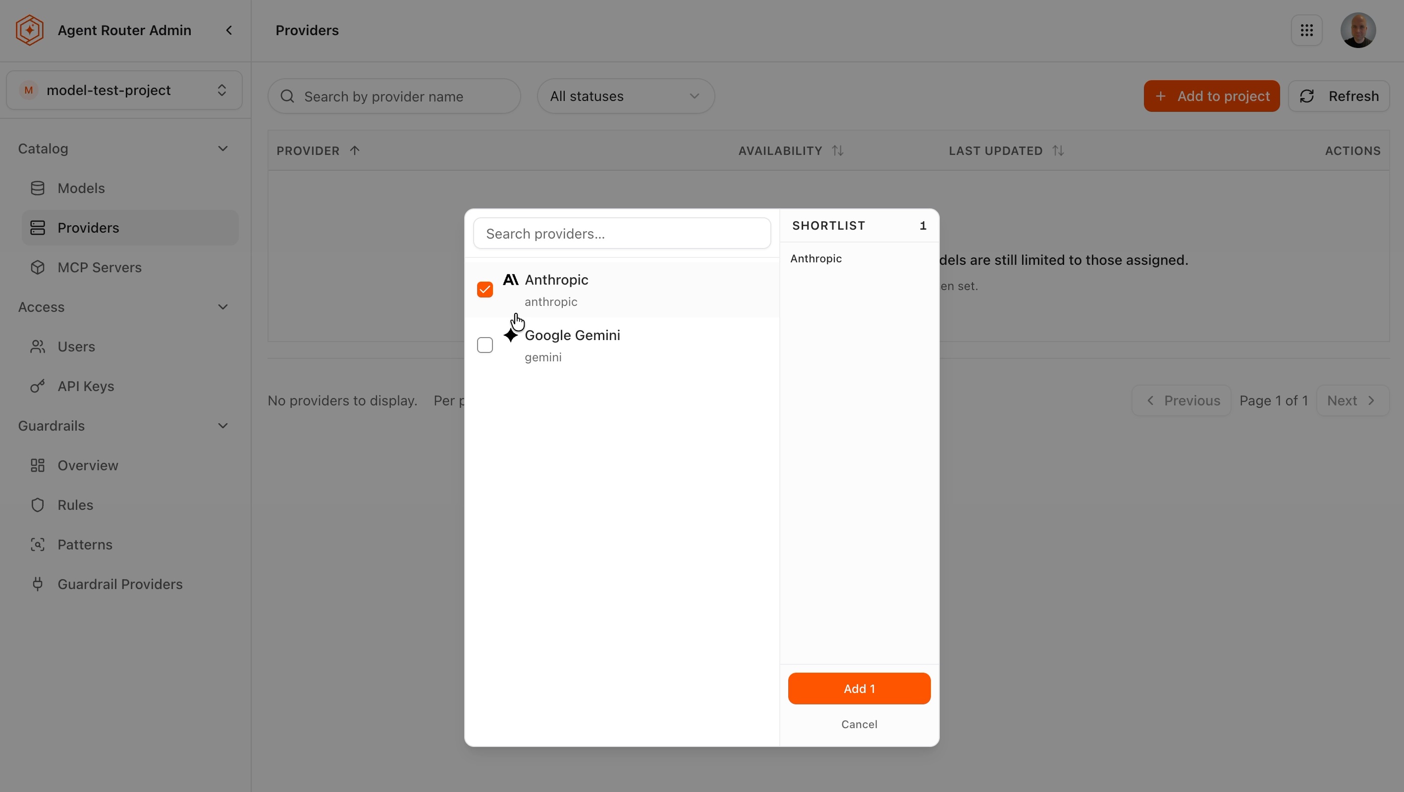 Provider picker with Anthropic ticked and one provider shortlisted