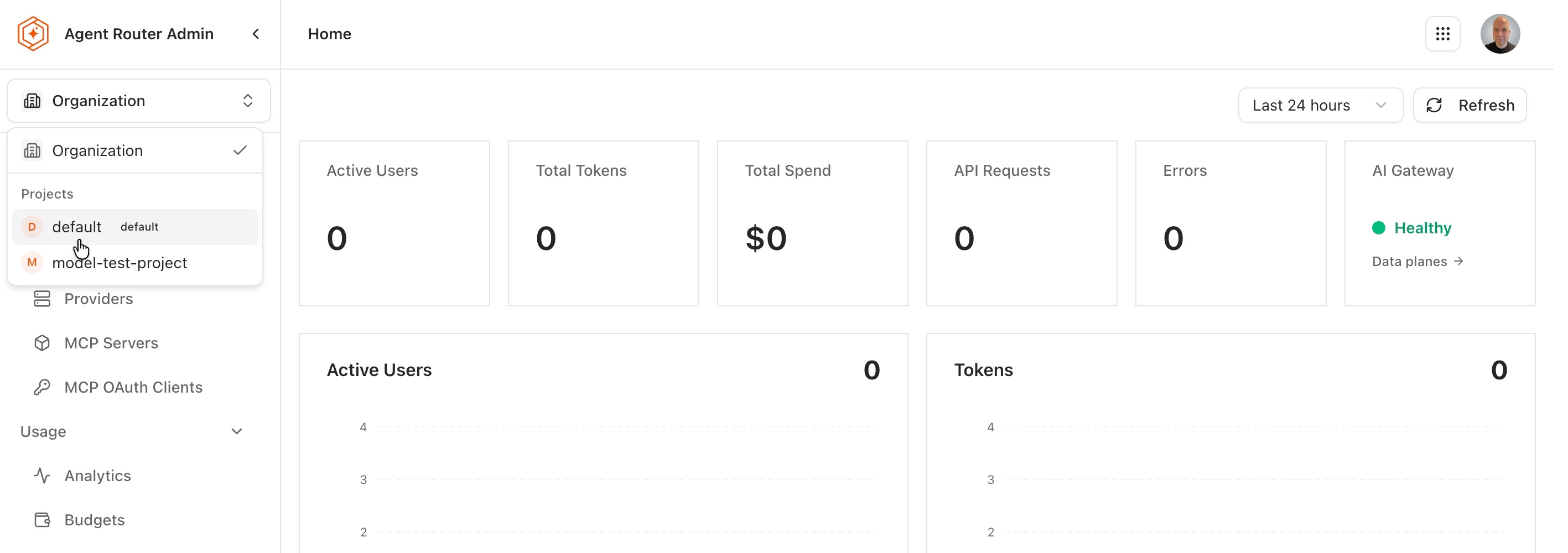 Scope selector open, listing the default project and model-test-project