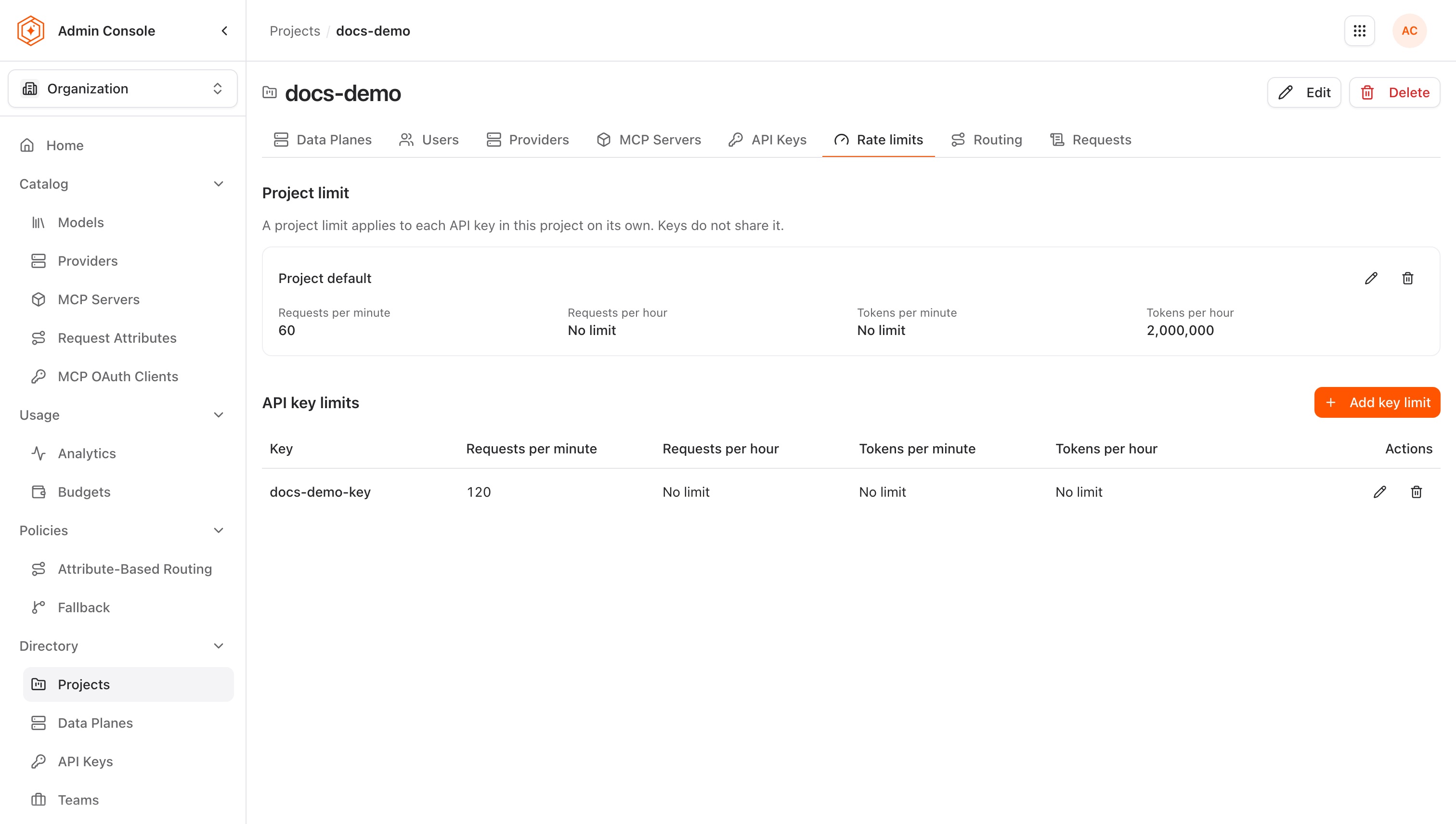 A project's Rate limits tab with a project limit of 60 requests a minute and 2,000,000 tokens an hour, and one API key limit of 120 requests a minute
