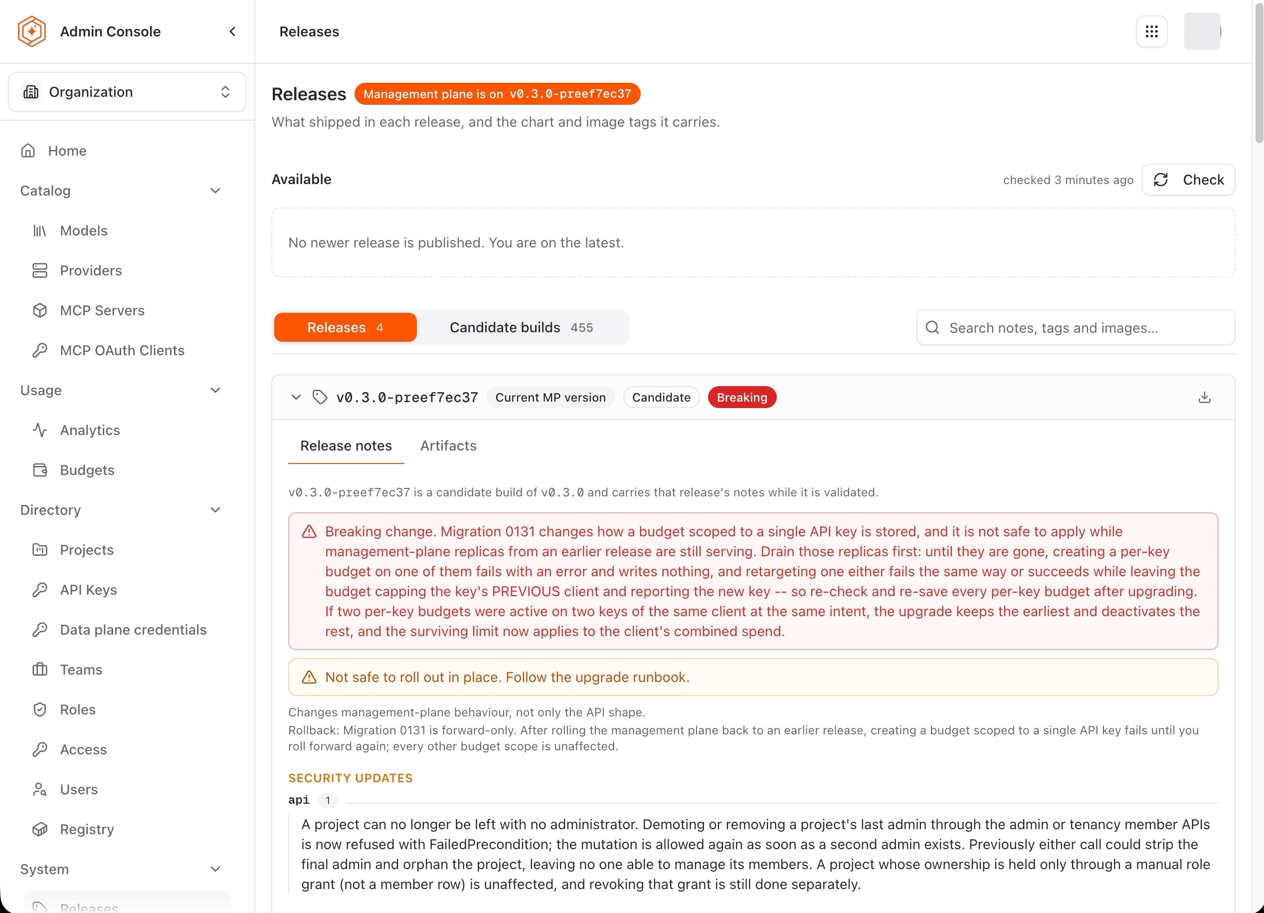 The Releases page with the current release expanded on its Release notes tab