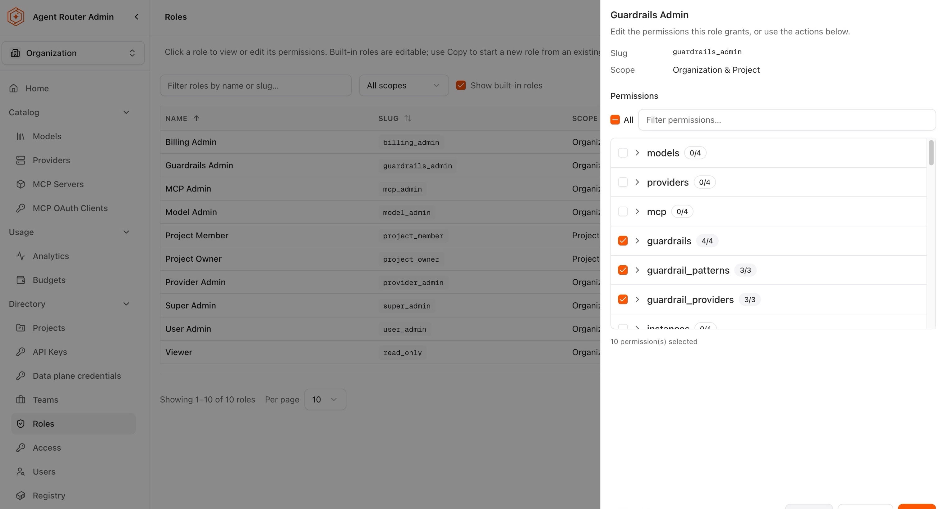Role panel showing the permission summary with Delete, Copy, and Save actions