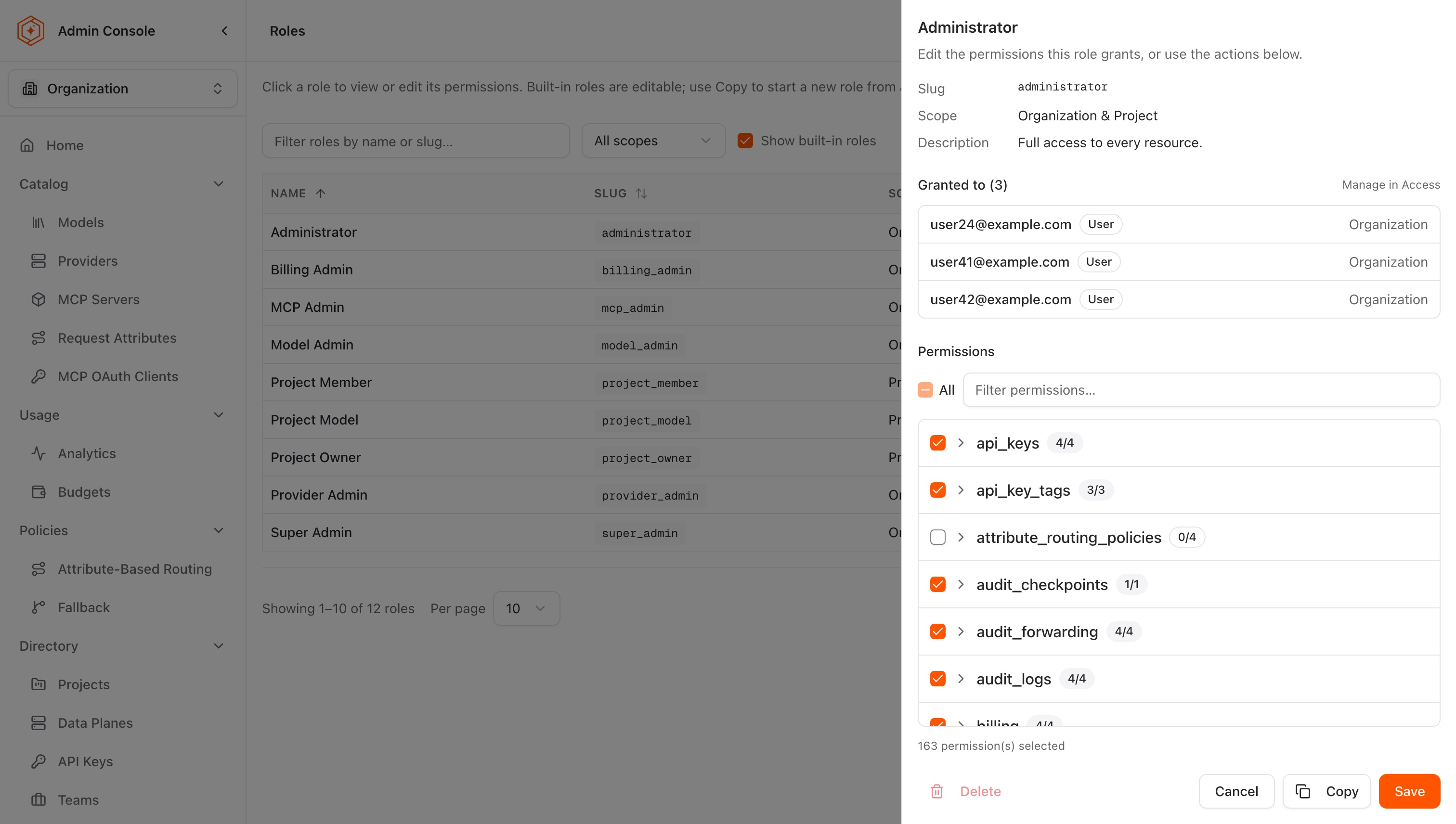 The role panel for Administrator, with its Granted to list of three users and the permission groups