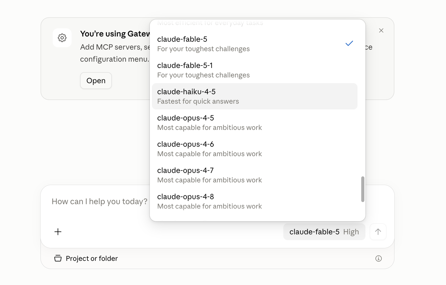 The model picker in the Claude Desktop composer, listing gateway model ids