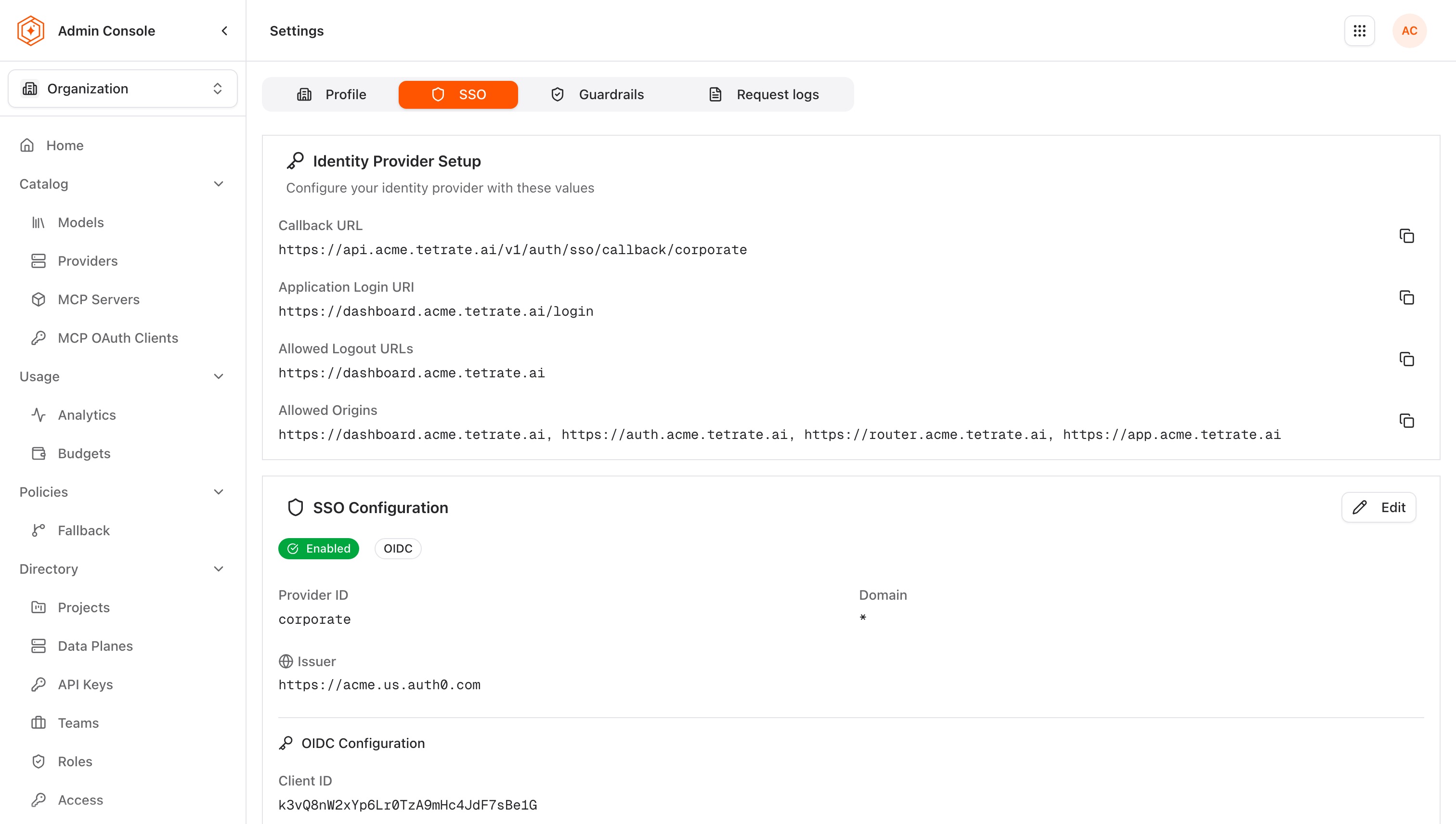 Identity Provider Setup on the Settings SSO tab, listing the Callback URL, Application Login URI, Allowed Logout URLs, and Allowed Origins