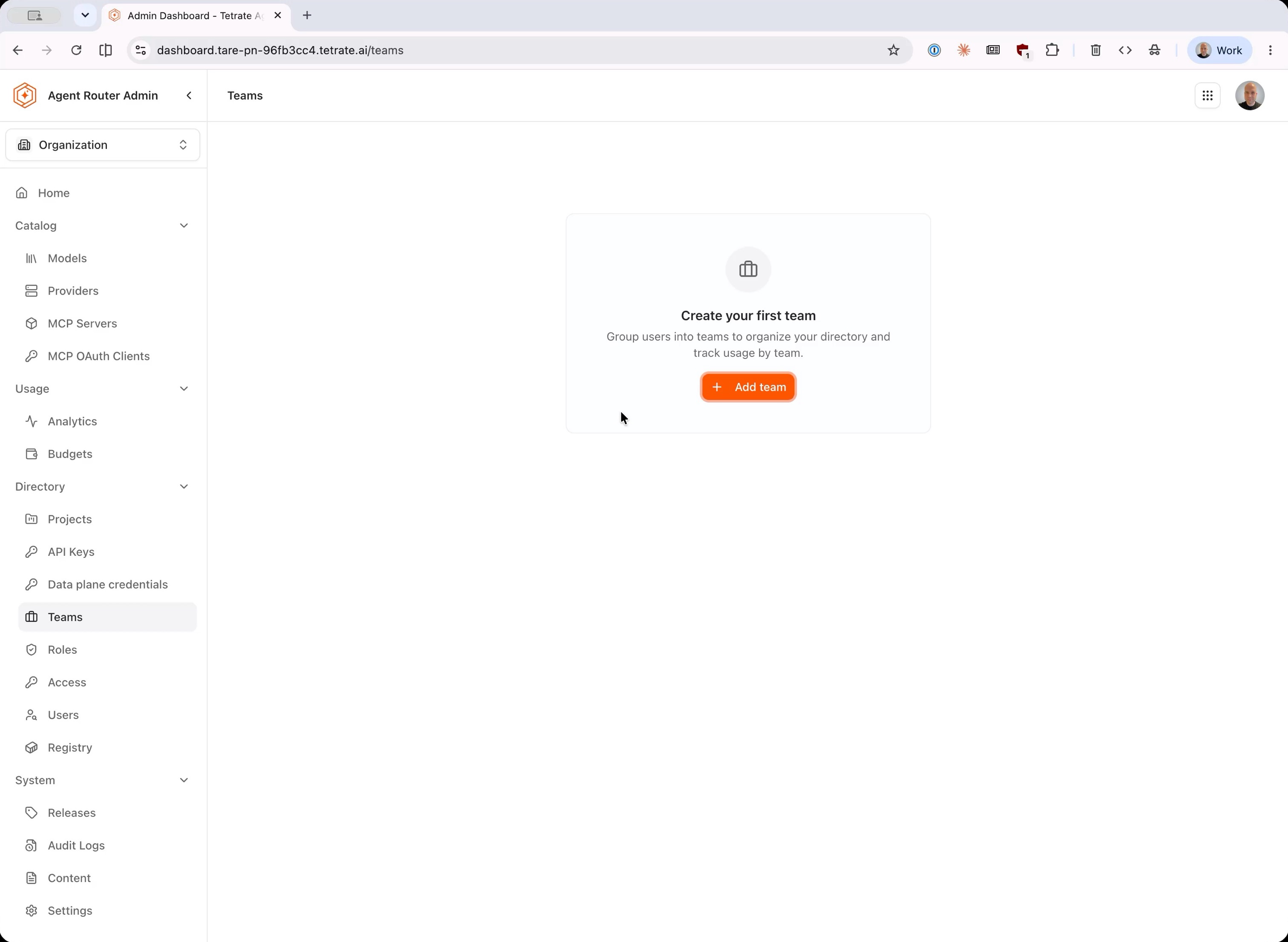 Teams page before any team exists, showing the Add team button