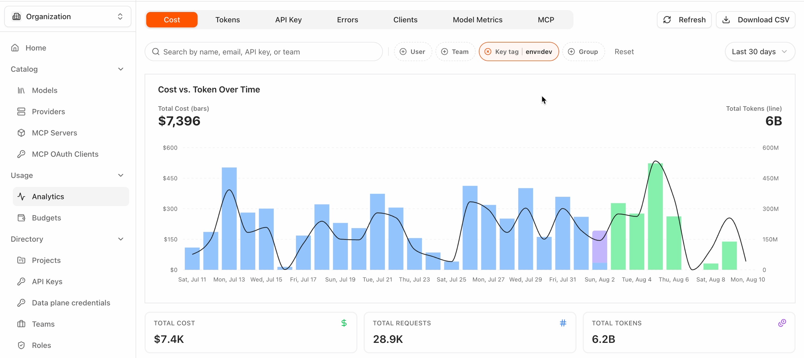 The Cost tab filtered to env=dev, with the chart and summary tiles narrowed and a Reset control alongside the chip