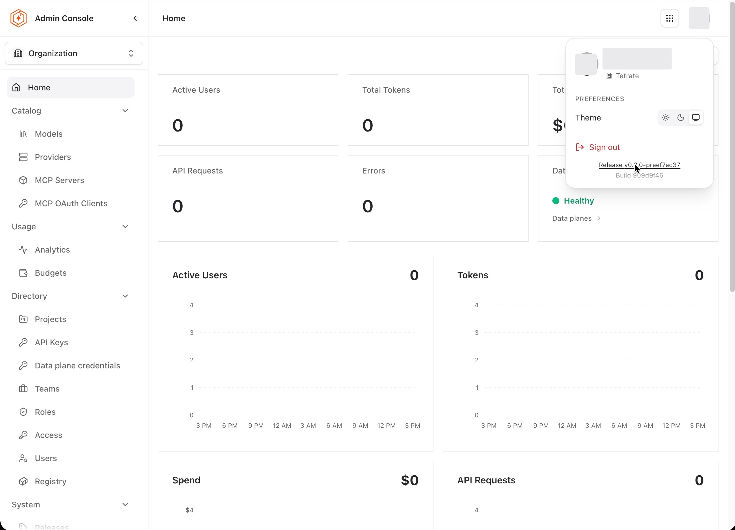 The user menu with the Release and Build lines in its footer