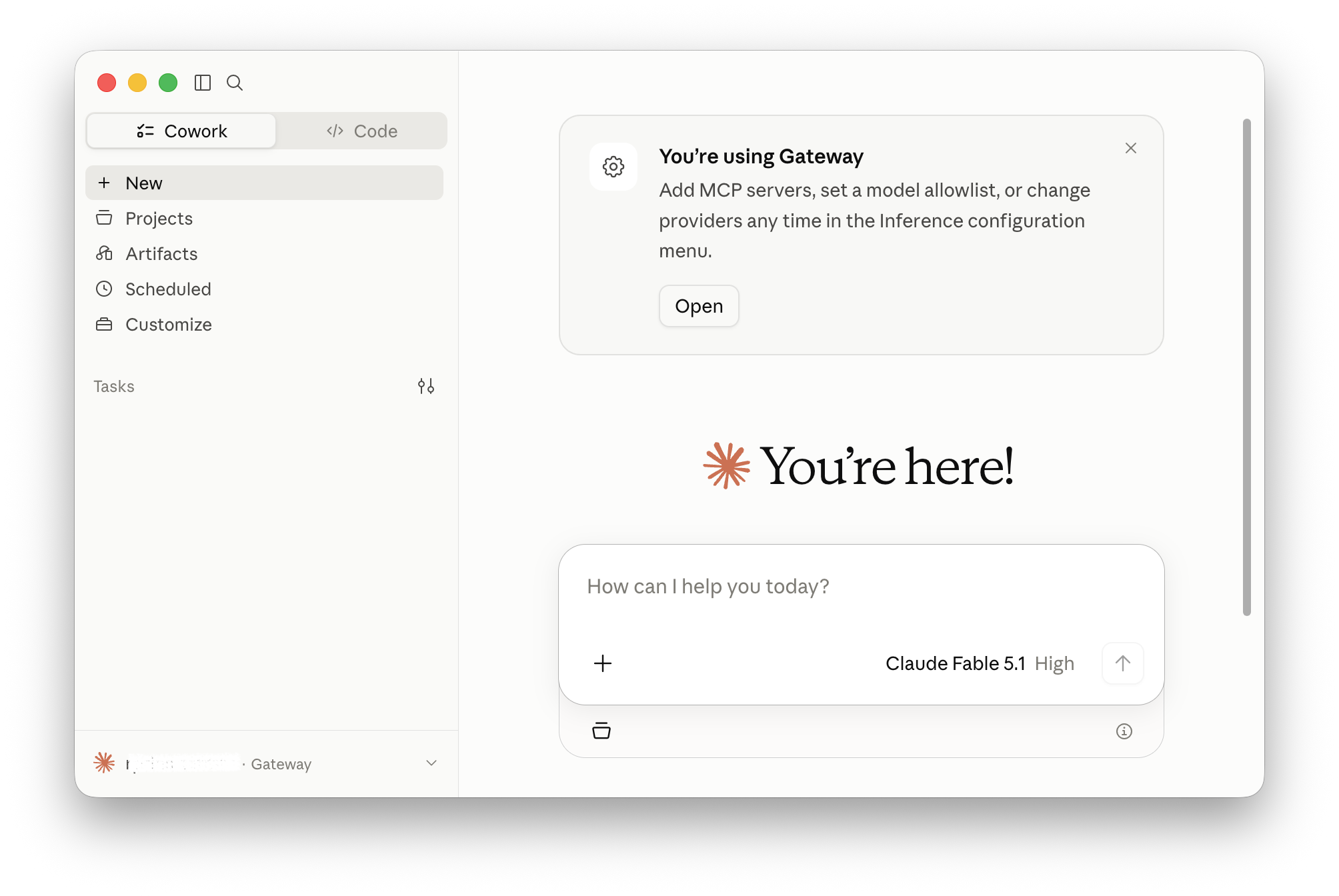 Claude Desktop after restart, showing the You're using Gateway confirmation card