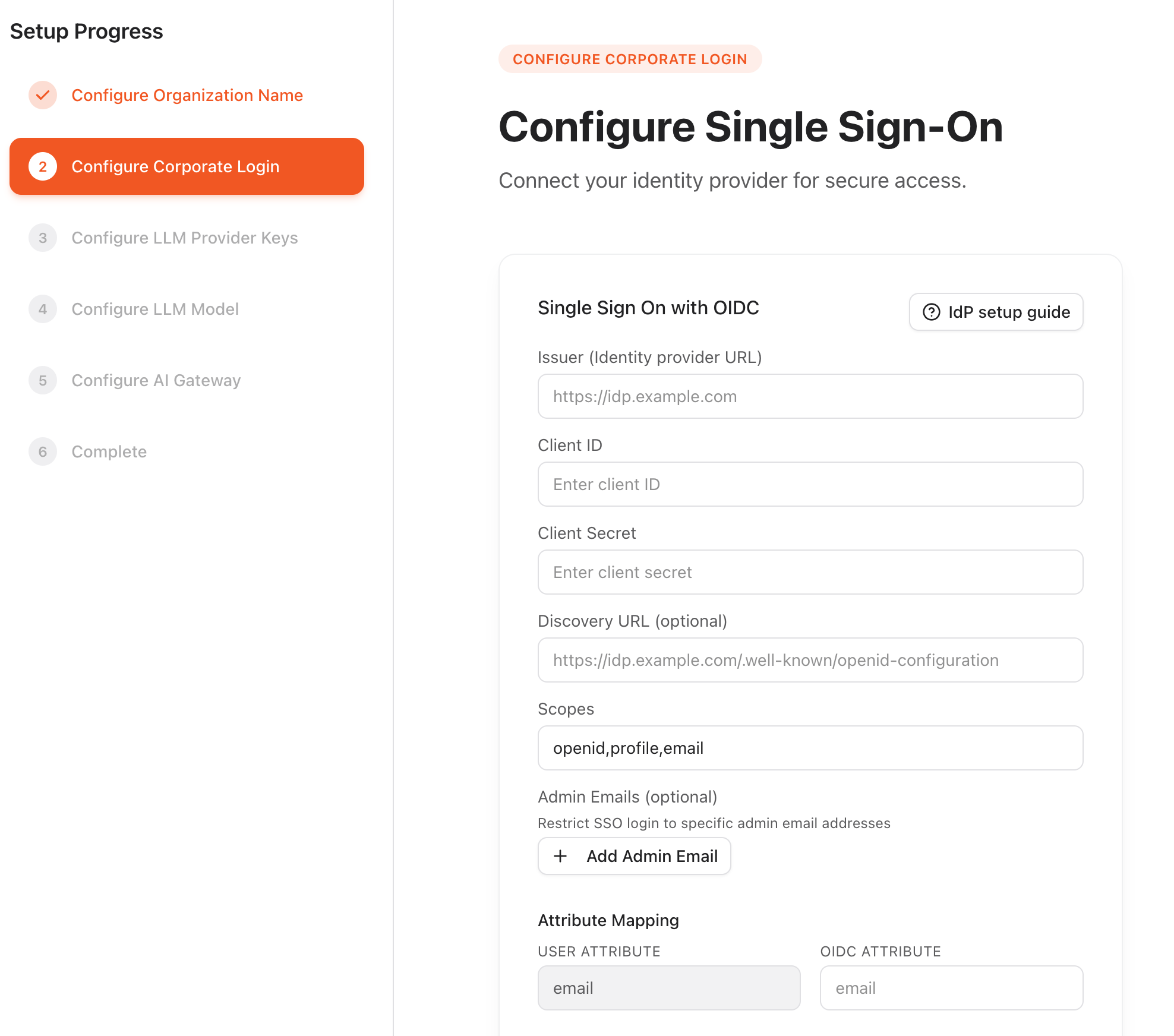 Step 2 of the wizard: OIDC single sign-on configuration