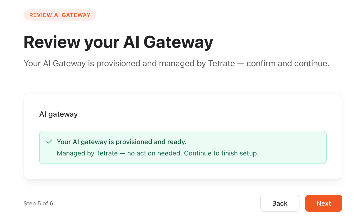 Step 5 of the wizard: review AI gateway